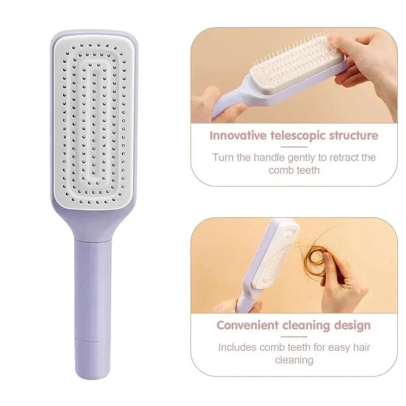 Automatic cleaning rotating hairbrush in lavender; self-cleaning, anti-static scalp massager with retractable teeth.