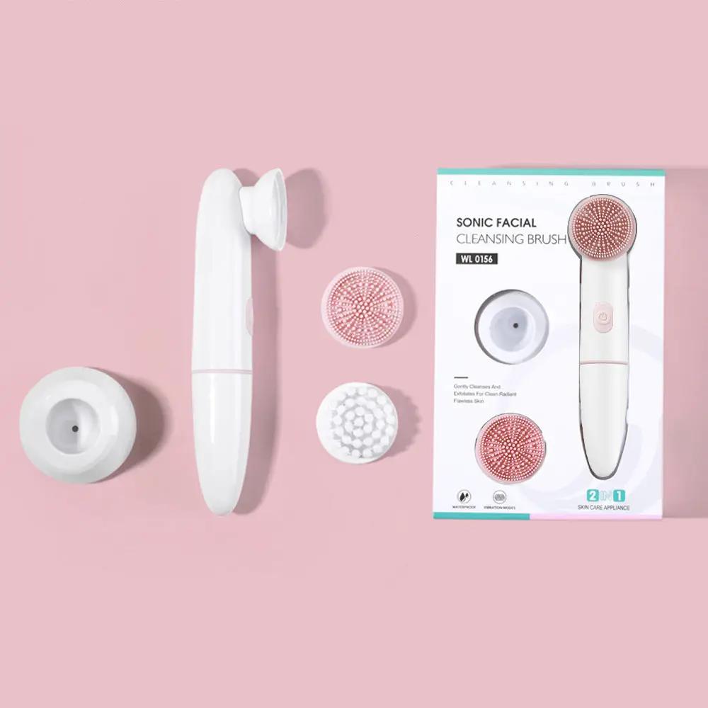 2-Speed 2-In-1 Sonic Facial Cleansing Brush by VIP Digital Presence, white handle with pink brush heads