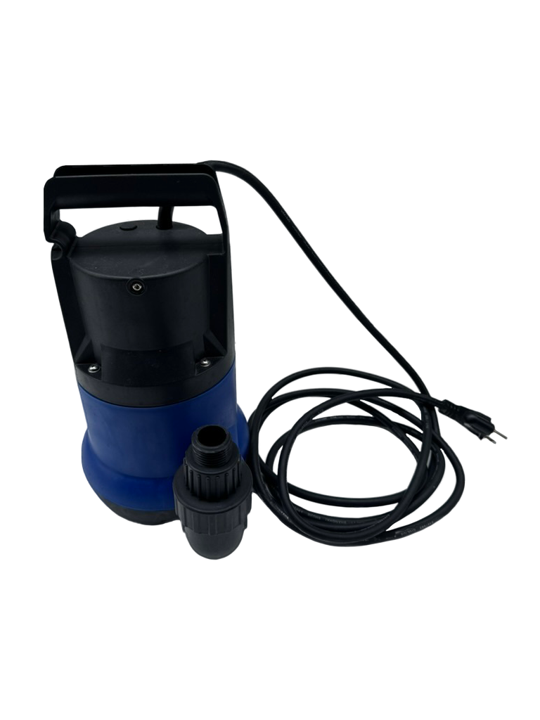 RevX cold plunge drain pump with garden hose attachments.