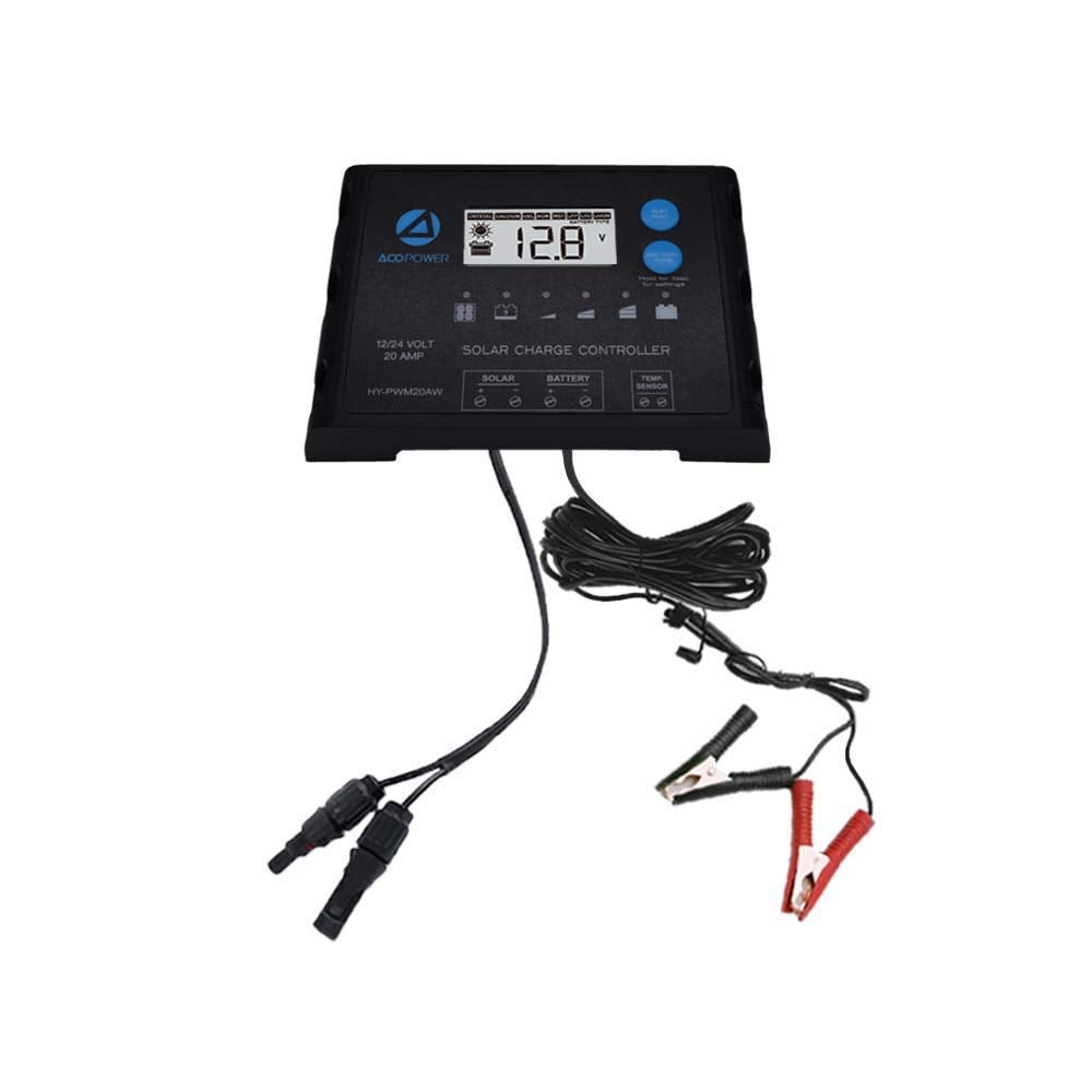 ACOPOWER ProteusX 20A PWM charge controller with alligator clips and solar connector.