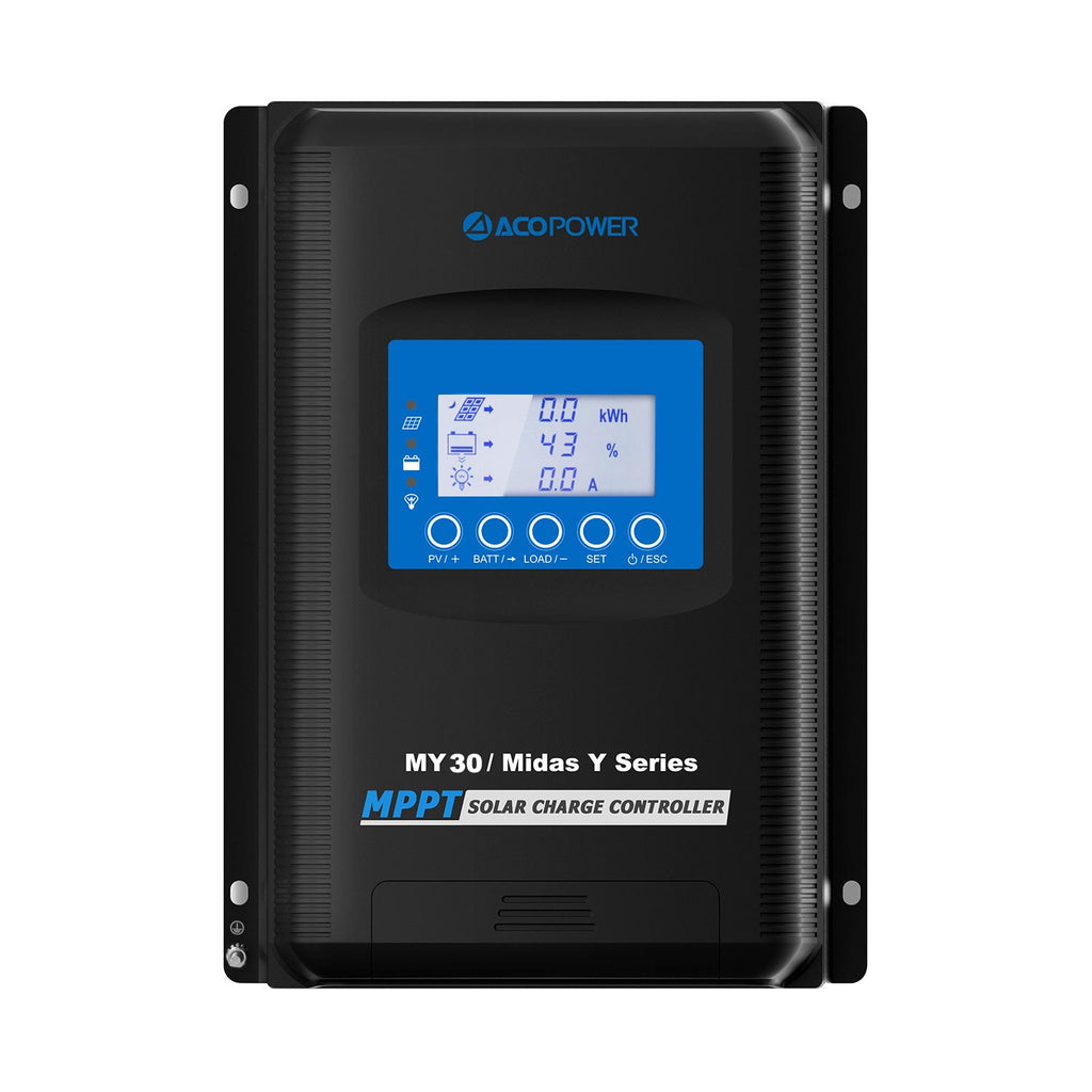 Midas 30A MPPT solar charge controller, front view with LCD display.