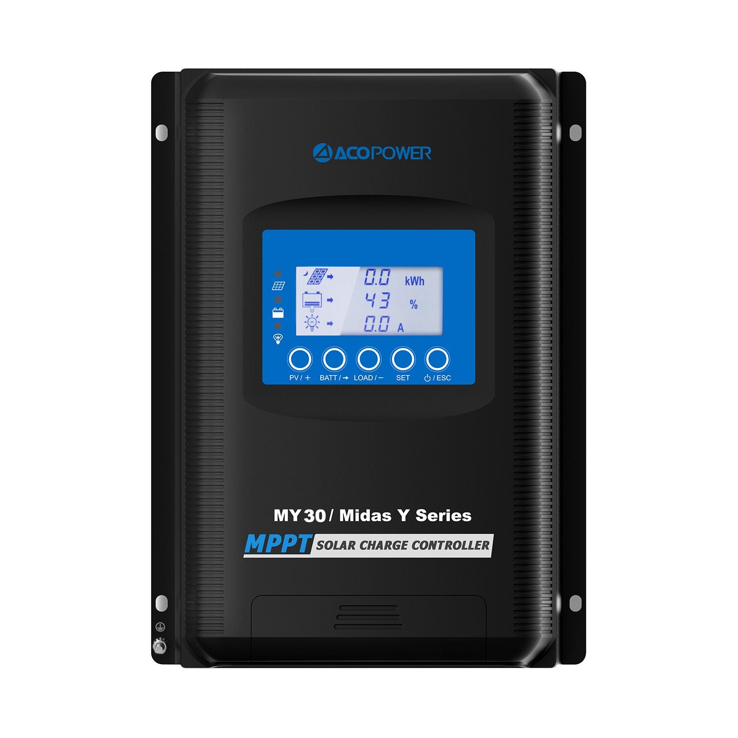Midas 30A MPPT solar charge controller, front view with LCD display.