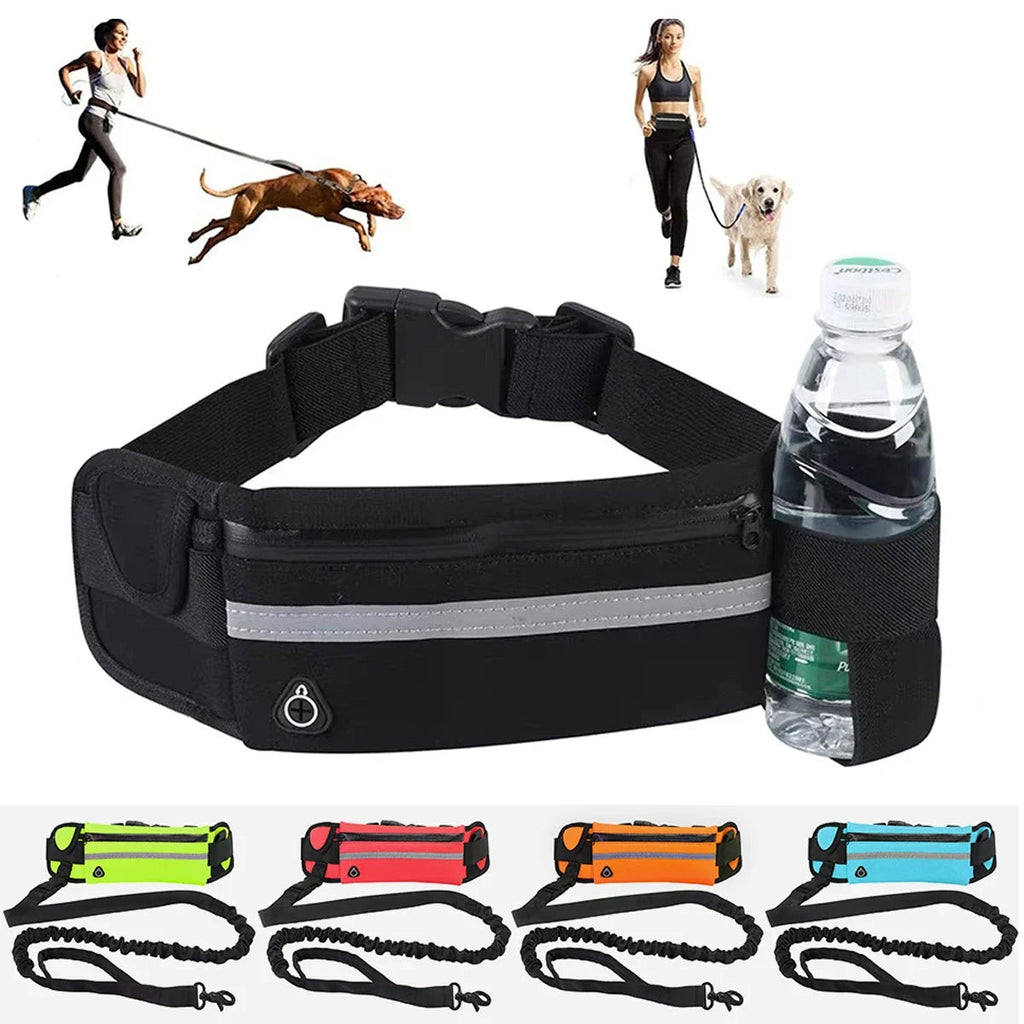 Hands Free Dog Leash by ViralGalleria.com; black waist belt with water bottle holder and reflective stripe (neon color variants shown).