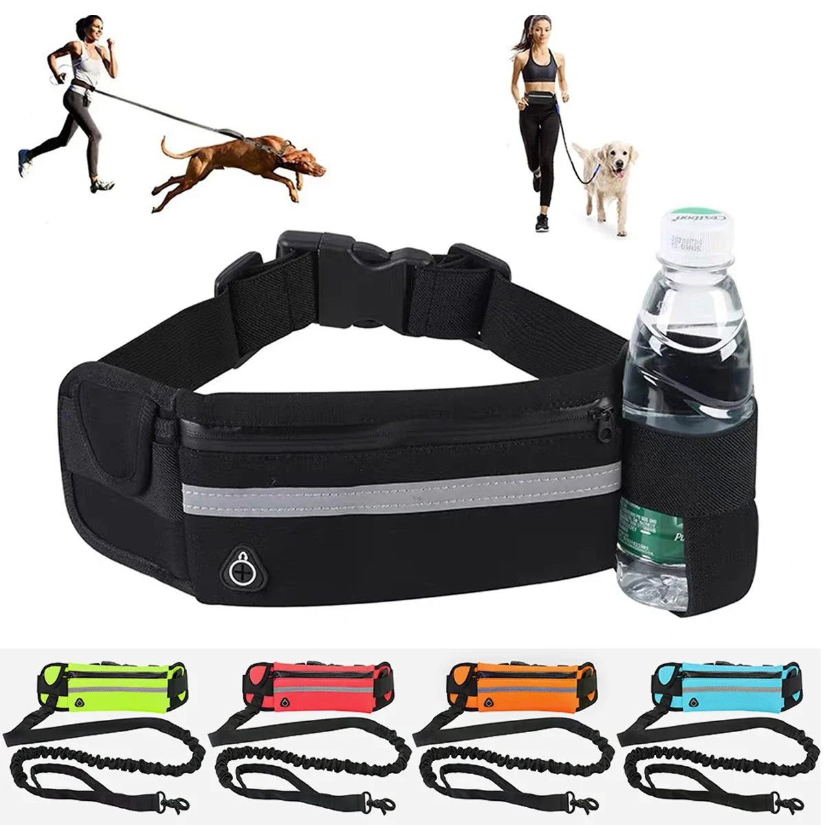 Hands Free Dog Leash by ViralGalleria.com; black waist belt with water bottle holder and reflective stripe (neon color variants shown).