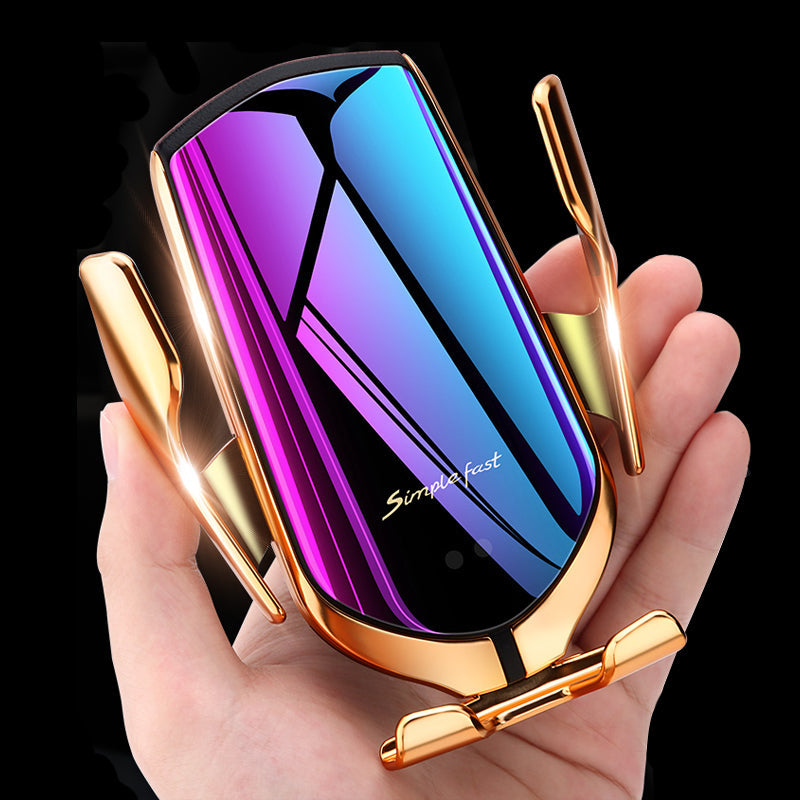 Car wireless charger holder in gold with auto-clamp, 10W Qi fast charging for iPhone X/XS/XR/8 Plus, suction mount