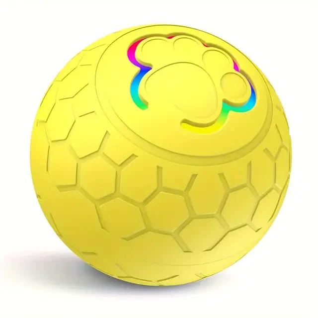 Interactive Pet Toy Ball, yellow hex-pattern ball with paw-print cutout and rainbow accents.