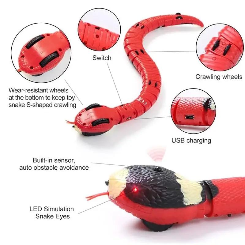 VIP Digital Presence USB Rechargeable Interactive Cat Toy Snake for kittens; red with built-in sensor and LED eyes