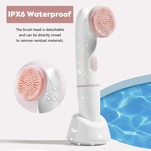 2-Speed 2-In-1 Silicone Facial Cleanser with sonic vibration pink silicone brush heads on white electric face wash brush