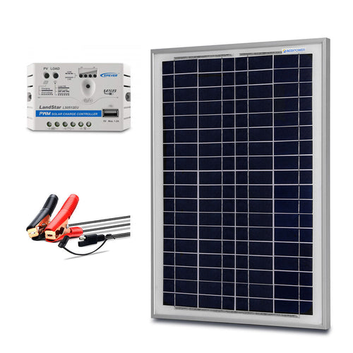 ACOPOWER 25W off-grid solar kit with 5A charge controller and SAE connector.