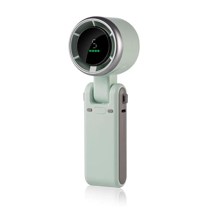 Portable foldable fan in mint green, USB-C rechargeable handheld and desk fan.