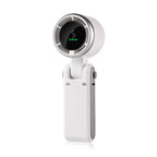 Portable foldable fan in white, USB-C rechargeable with digital display.