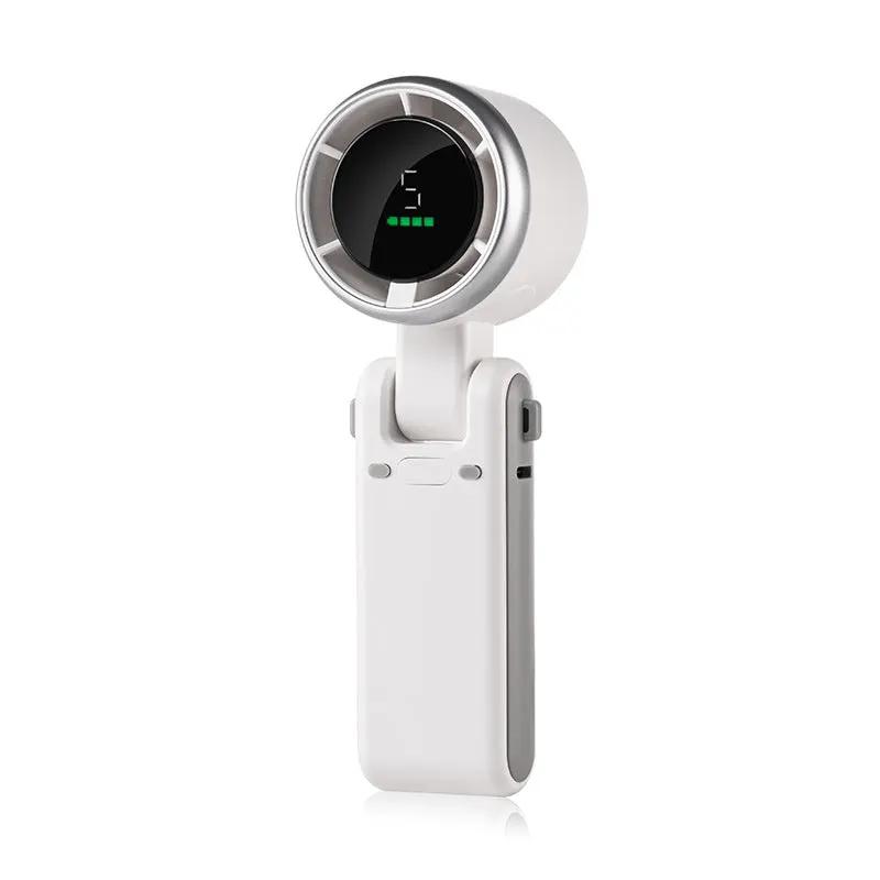 Portable foldable fan in white, USB-C rechargeable with digital display.