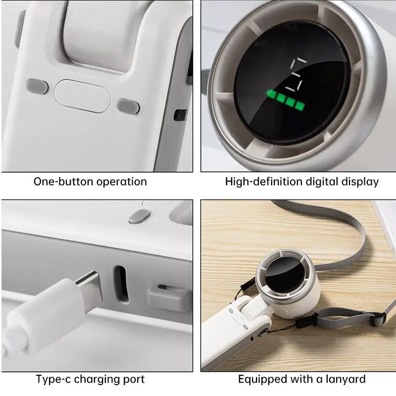 Portable foldable fan with USB-C charging, high-definition display and one-button operation.