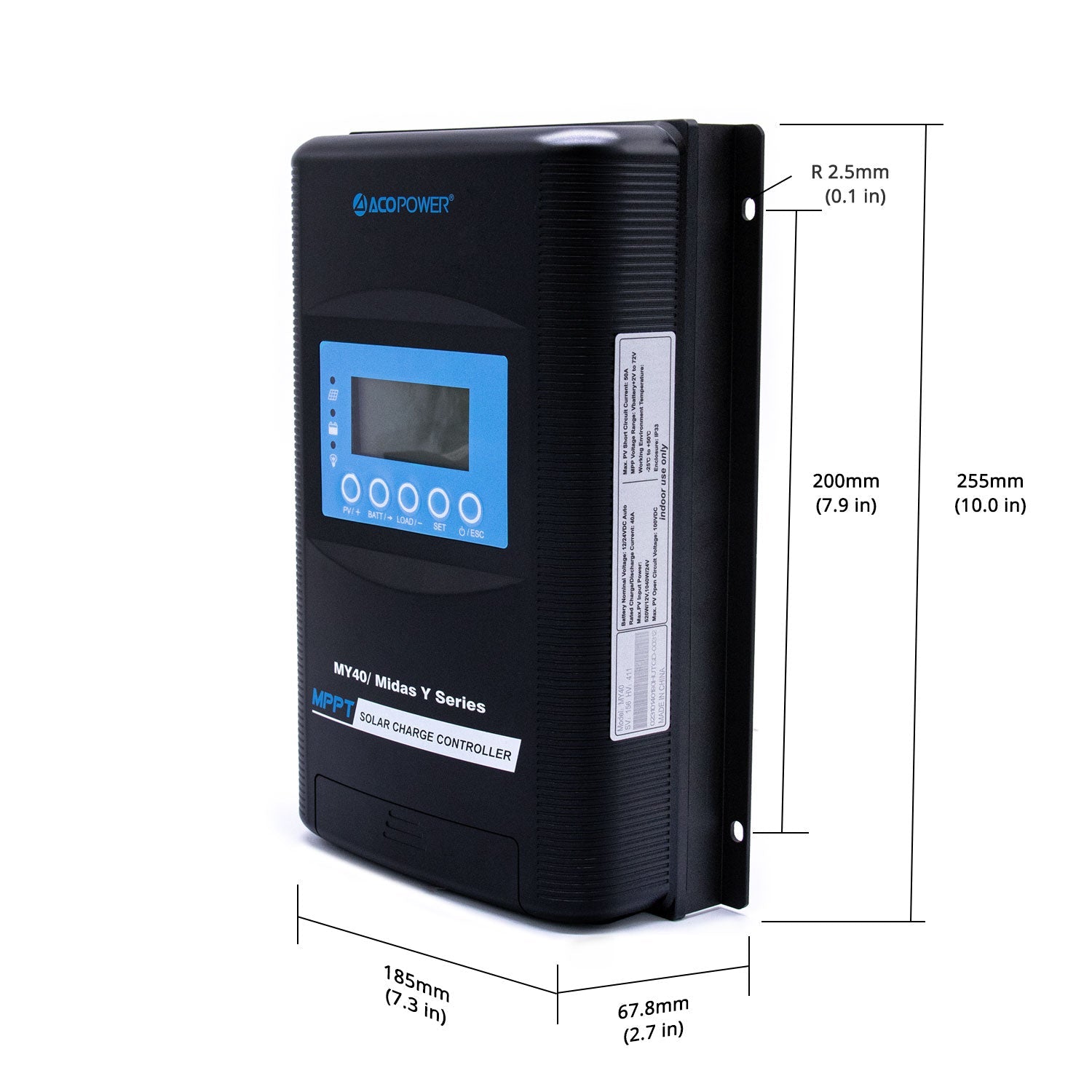 Midas 40A MPPT charge controller, front view.