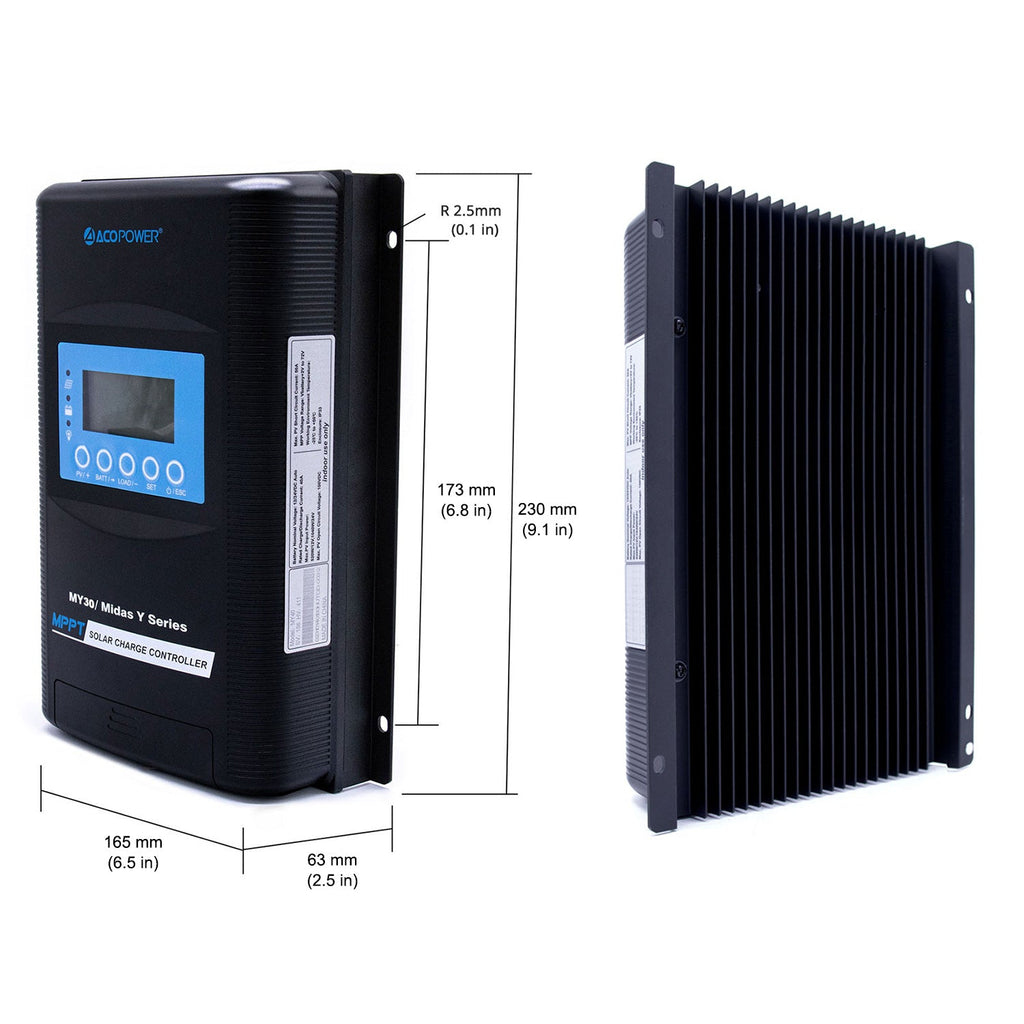 Midas 30A MPPT solar charge controller showing LCD charging status screen.