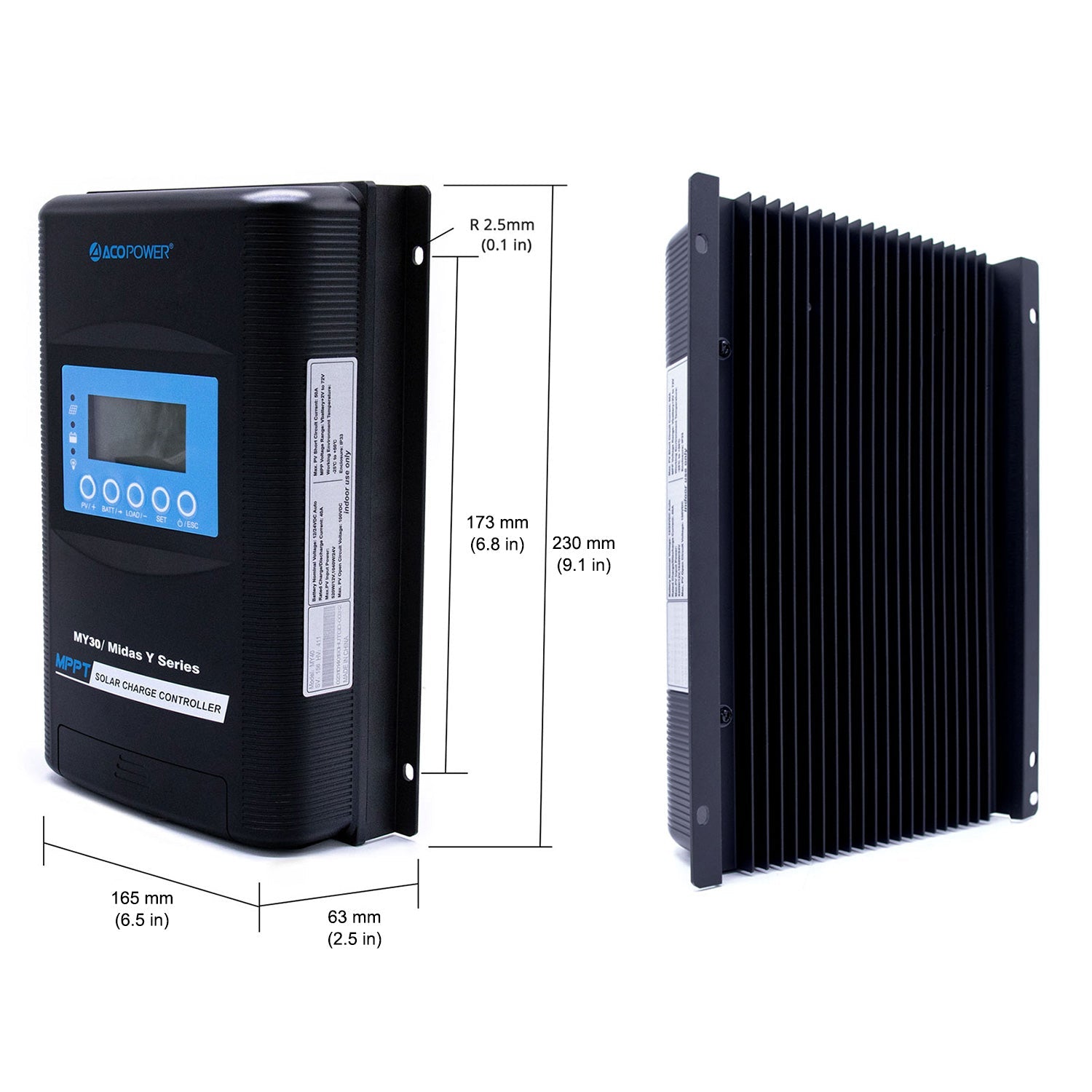 Midas 30A MPPT solar charge controller showing LCD charging status screen.