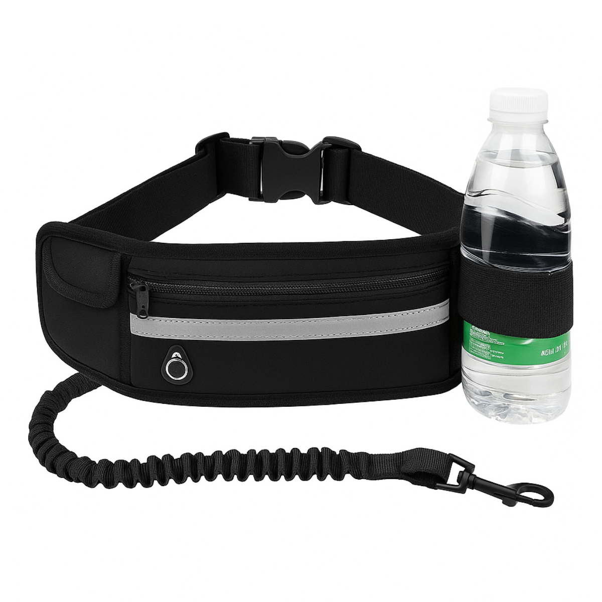 Hands Free Dog Leash by ViralGalleria.com; black waist belt with water bottle holder and zippered pocket