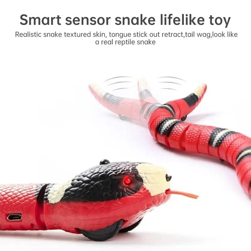 USB rechargeable interactive cat toy snake with smart sensing; red and black realistic snake for indoor kitten play