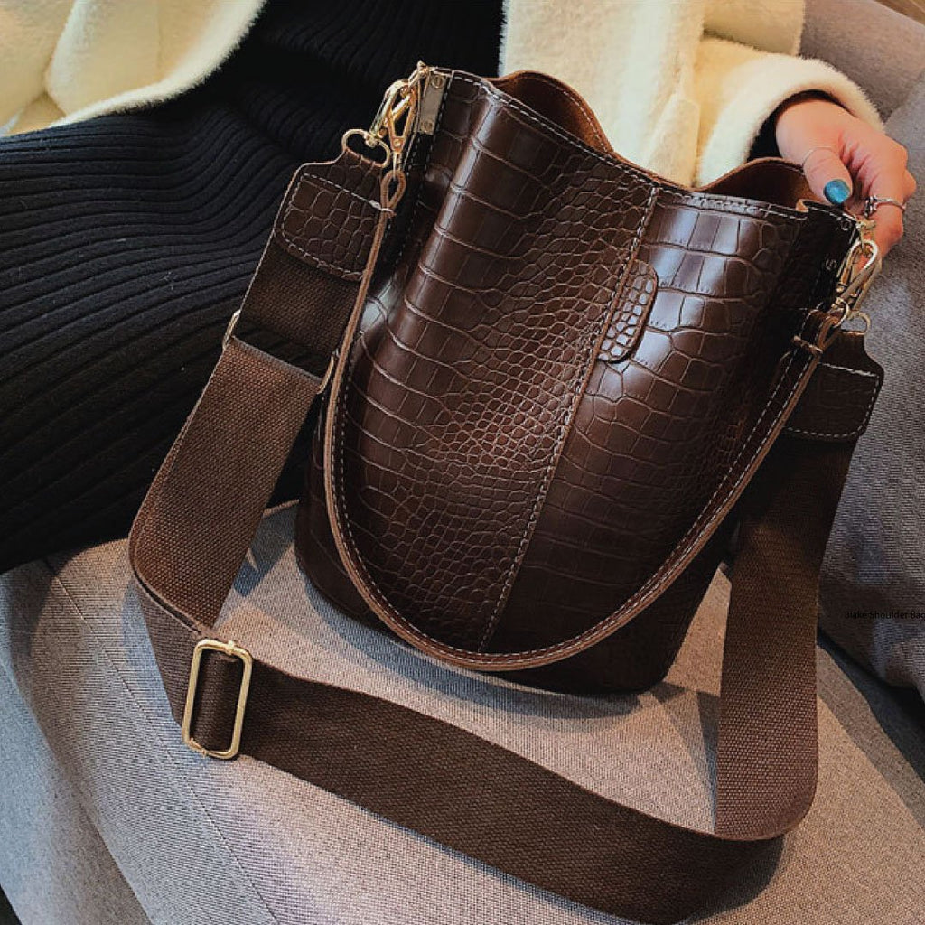 Blake Chocolate Croc Vegan Leather Shoulder Bag With Interchangeable Straps by STATESIDE NOVA