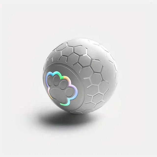 Interactive dog toy ball with gray hex-pattern shell and multicolor illuminated paw logo.