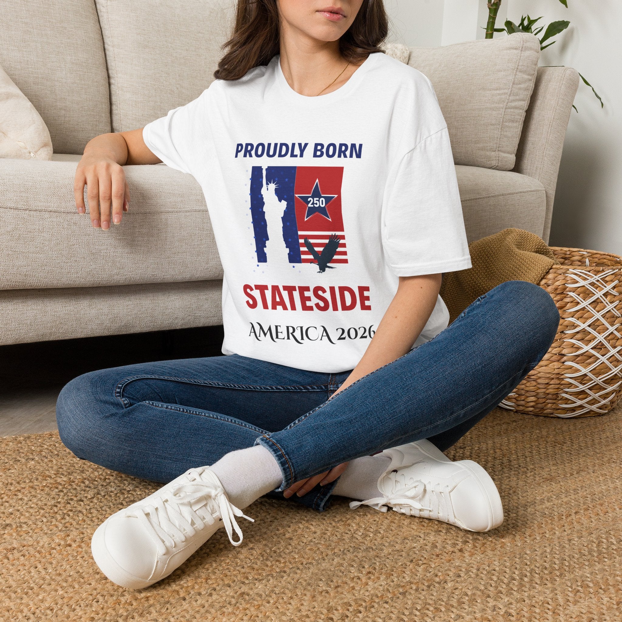 White Printify T-shirt with patriotic 250 Stateside graphic; bold blue text and red-blue flag motif.