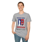 T-shirt, gray, with patriotic 250th anniversary design featuring Statue of Liberty silhouette and American flag.