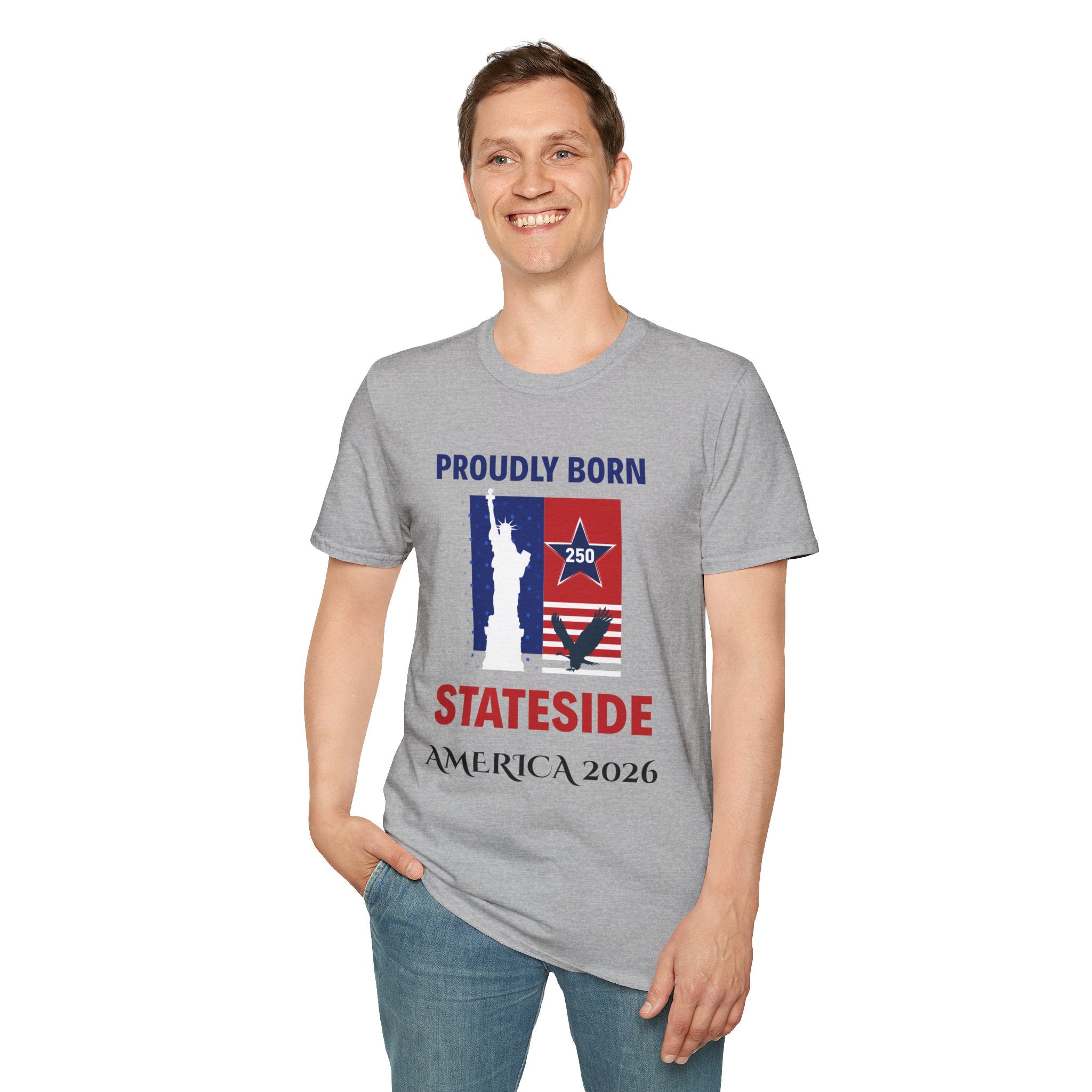T-shirt, gray, with patriotic 250th anniversary design featuring Statue of Liberty silhouette and American flag.