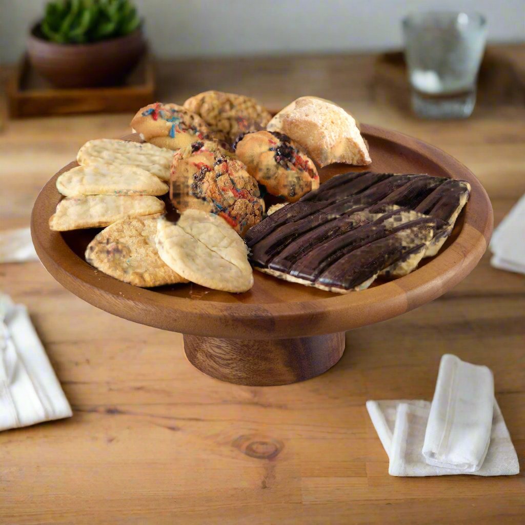 Large acacia wood cake stand, natural base.