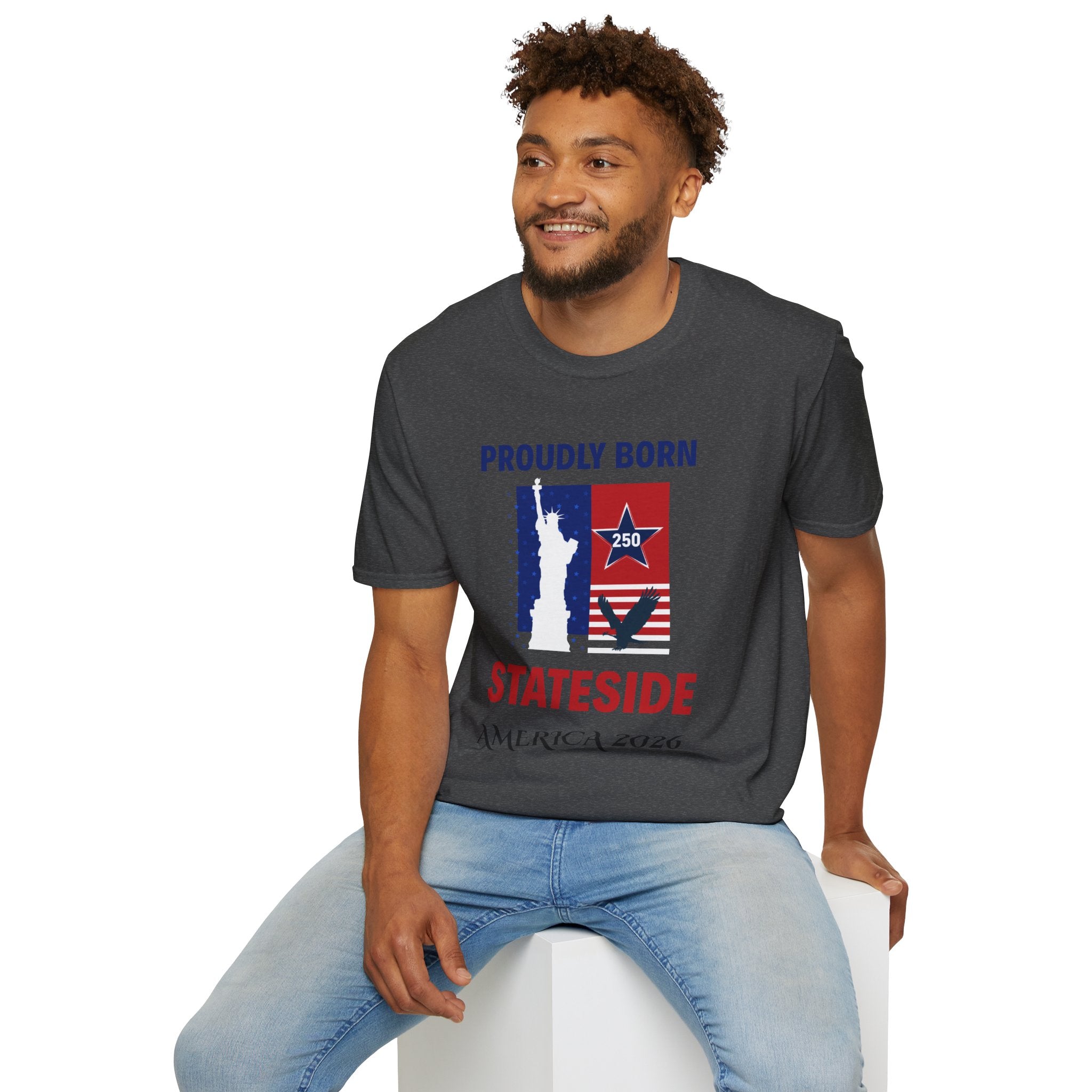 T-shirt in dark heather gray with Proudly Born Stateside patriotic USA 250 design on front.