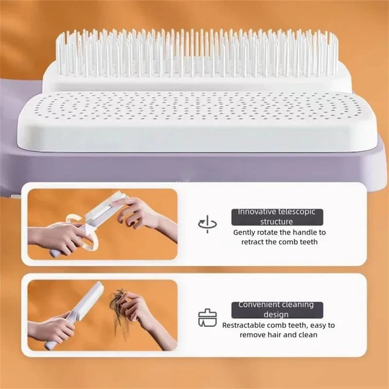 Automatic self-cleaning rotating hairbrush with retractable teeth, anti-static massage comb, white and purple base