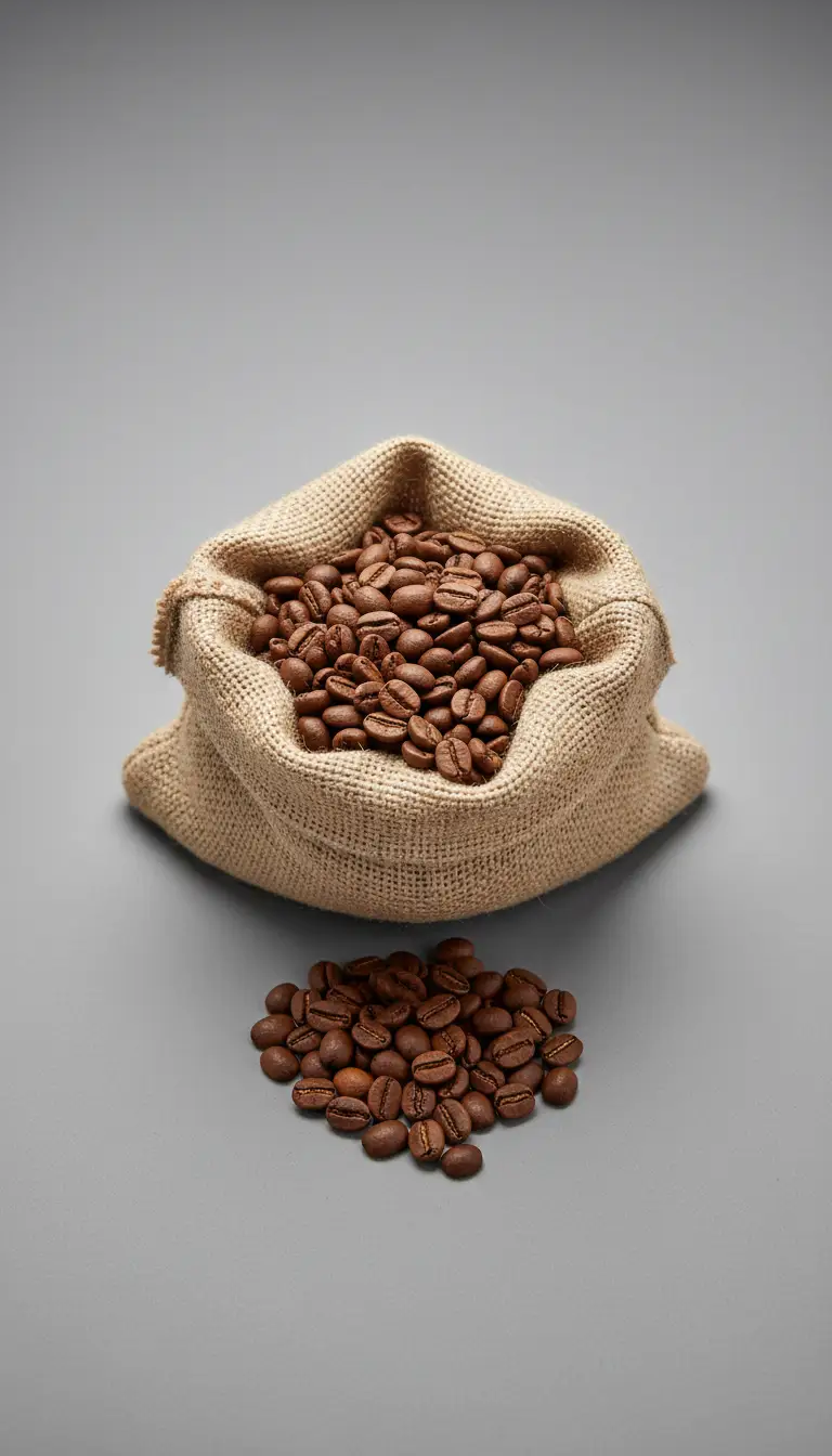 Roasted coffee beans in a burlap bag with spilled beans nearby