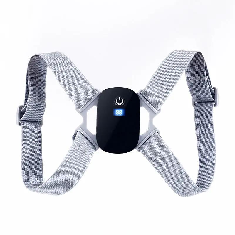 Smart posture corrector belt with gray adjustable straps and digital display