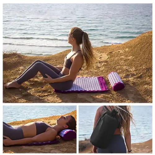 Acupressure Mat by ViralGalleria.com, purple massager on beach with rolled pillow and lounging woman