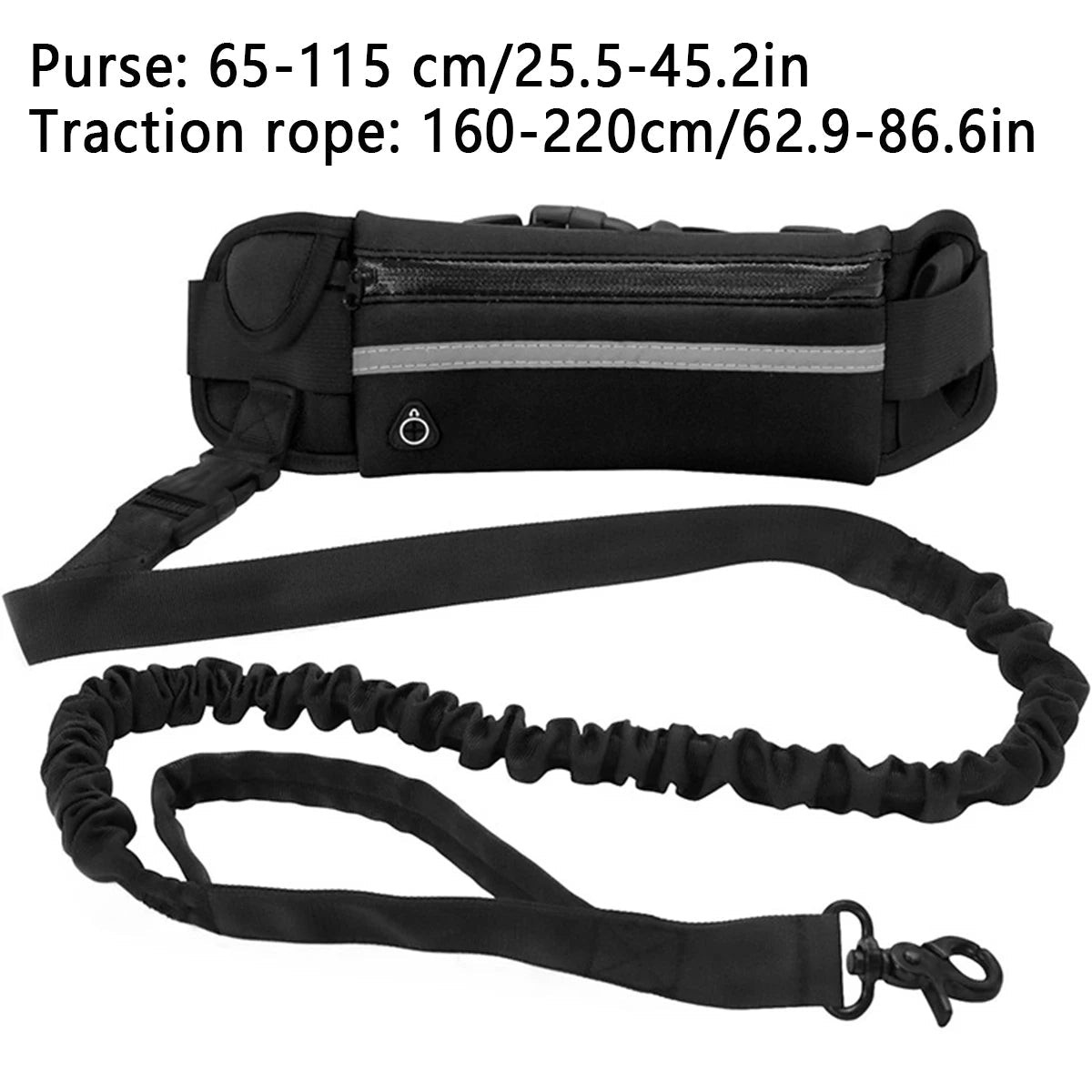 Hands Free Dog Leash by ViralGalleria.com, black waist-pack with reflective stripe and elastic bungee cord.
