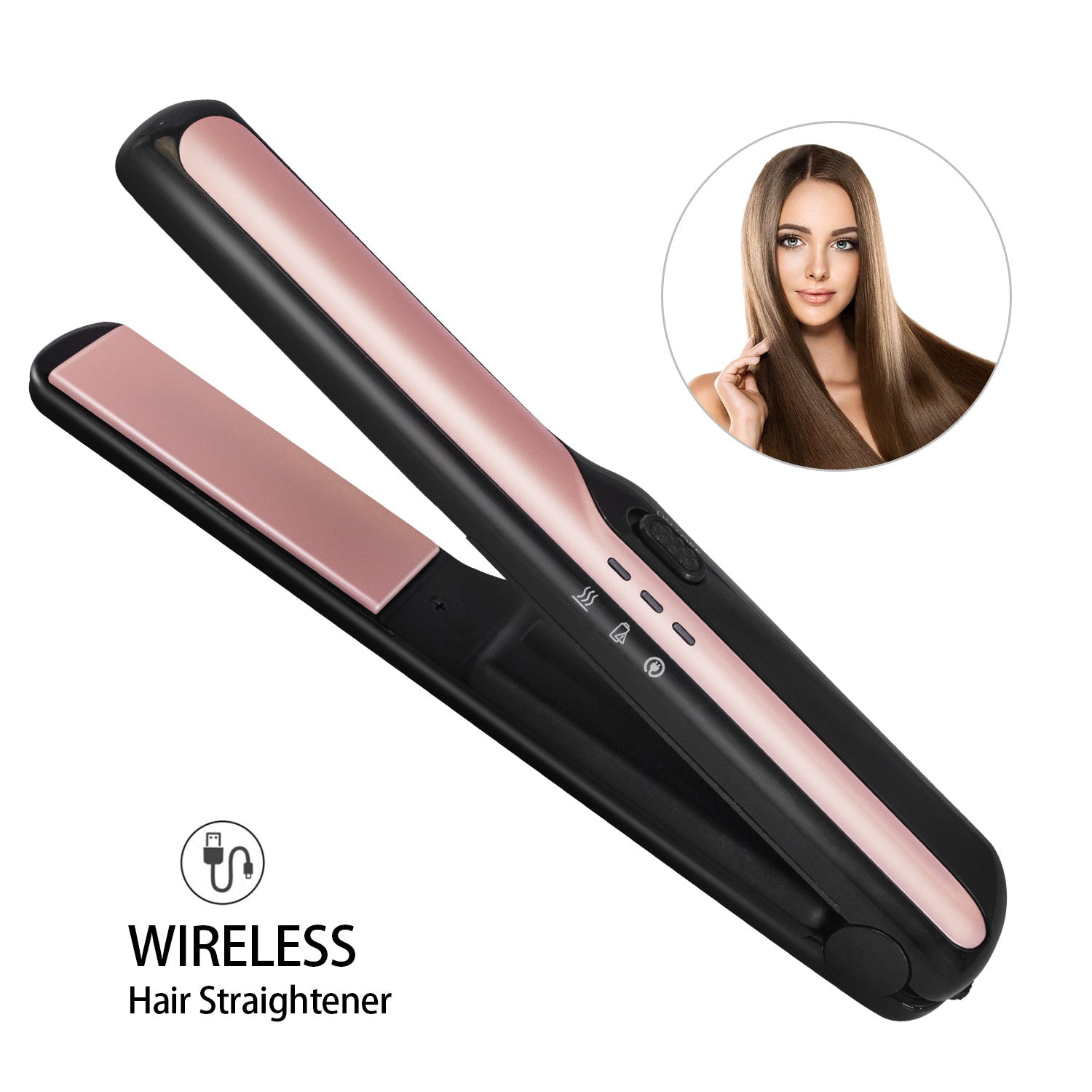 Cordless USB-rechargeable tourmaline-ceramic hair straightener.
