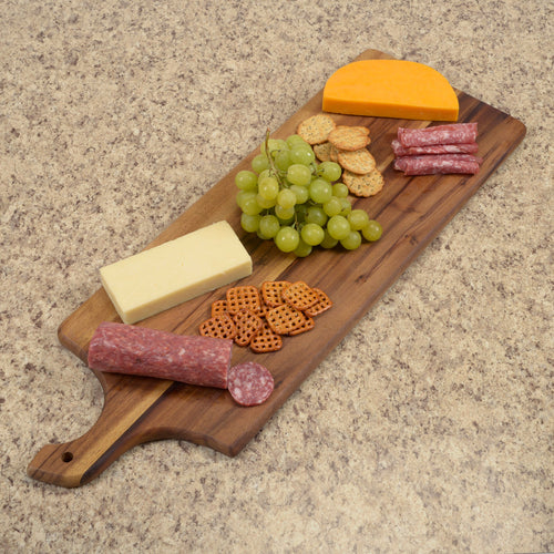 Acacia wood charcuterie board showing natural grain pattern.