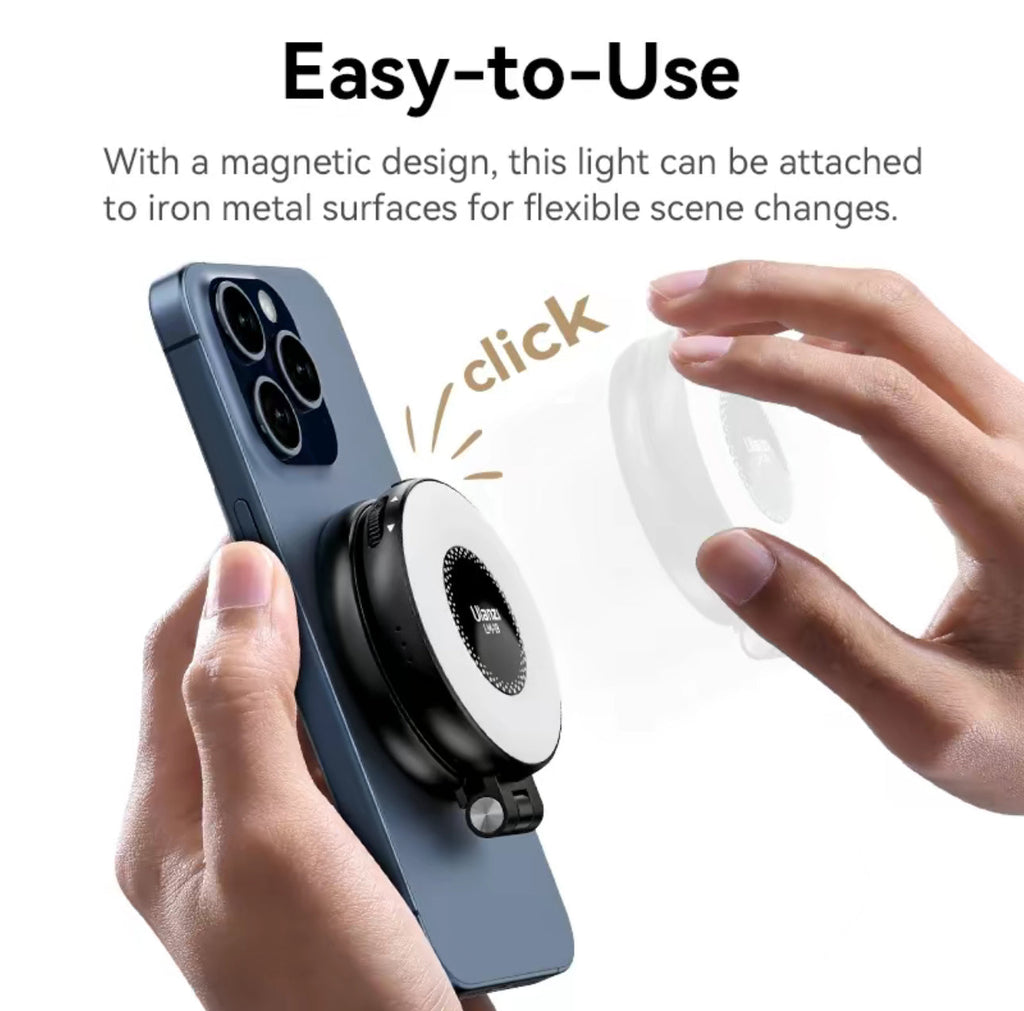 GlowSnap Ring Light by VIP Digital Presence; magnetic phone mount attaches to a blue smartphone