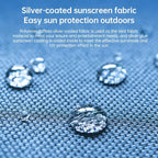 Pop-Up beach tent fabric close-up in blue with water droplets, silver-coated sunscreen material for outdoor sun protection
