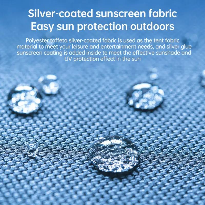 Pop-Up beach tent fabric close-up in blue with water droplets, silver-coated sunscreen material for outdoor sun protection