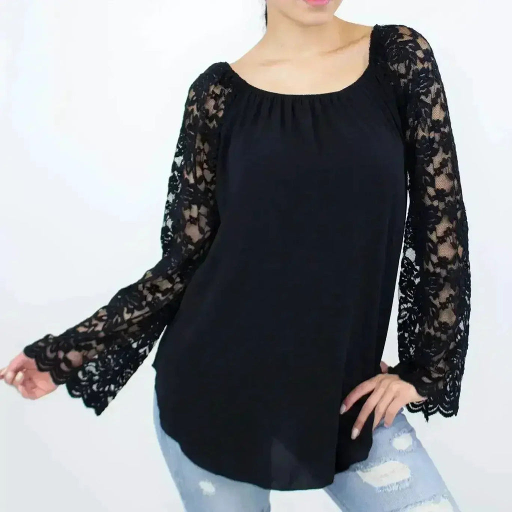 Lace Sleeve Backless Top Black by Femstylo Made in USA Elegant Evening Party Wear for Women by Femstylo