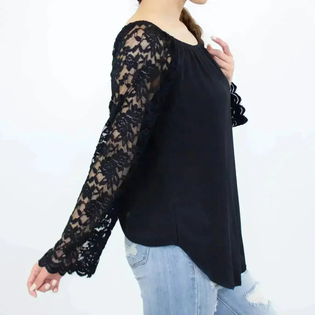 Lace Sleeve Backless Top Black by Femstylo Made in USA Elegant Evening Party Wear for Women by Femstylo