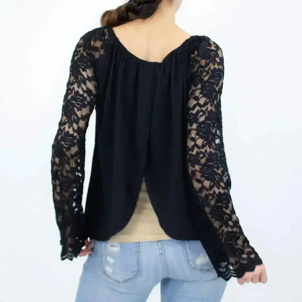 Lace Sleeve Backless Top Black by Femstylo Made in USA Elegant Evening Party Wear for Women by Femstylo