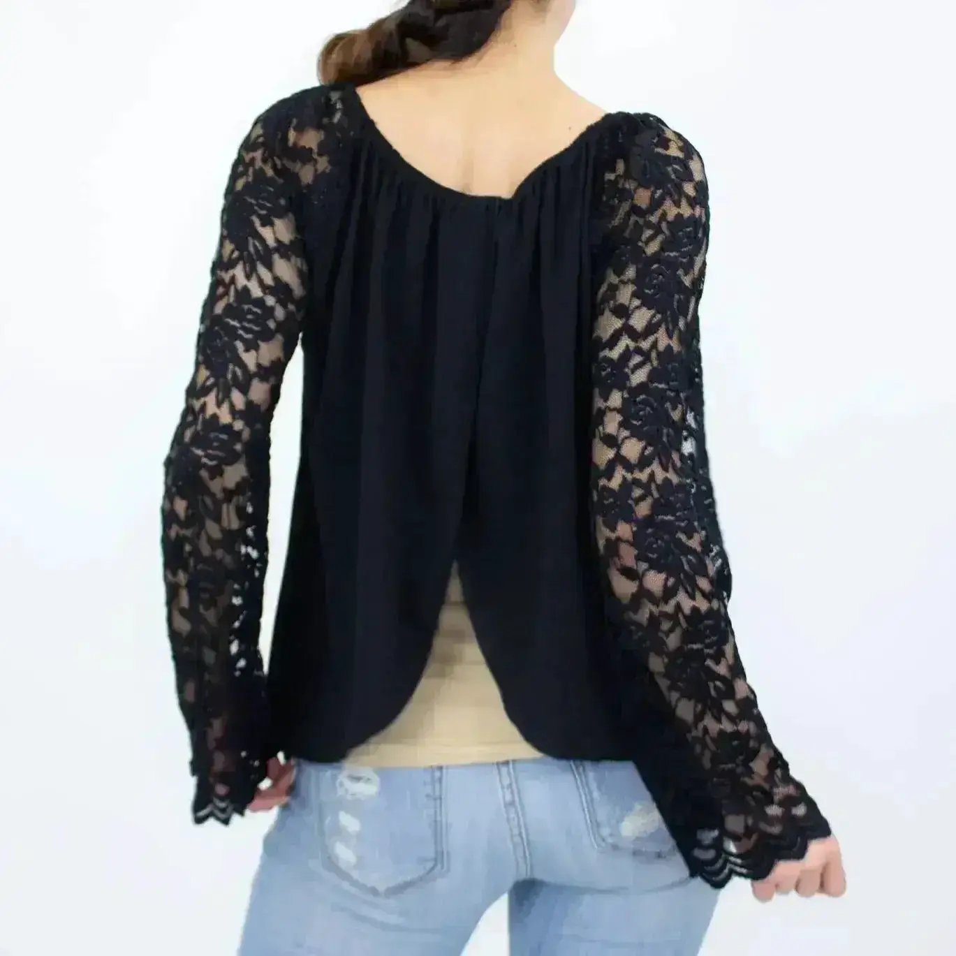 Lace Sleeve Backless Top Black by Femstylo Made in USA Elegant Evening Party Wear for Women by Femstylo