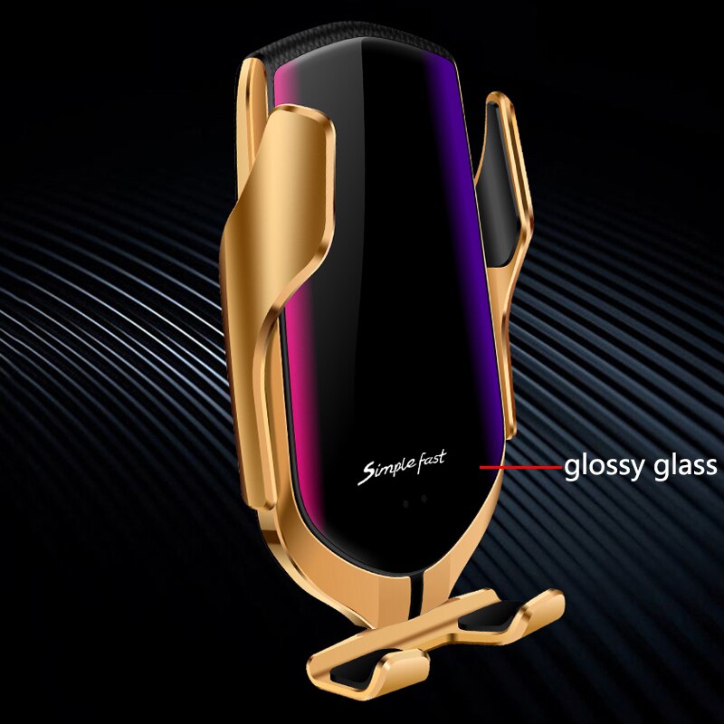 Car wireless charger holder with gold auto-clamp and glossy glass front for iPhone, 10W Qi fast charging, suction mount
