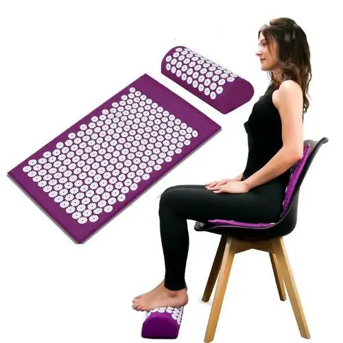 Acupressure Mat, purple surface with matching bolster, massager