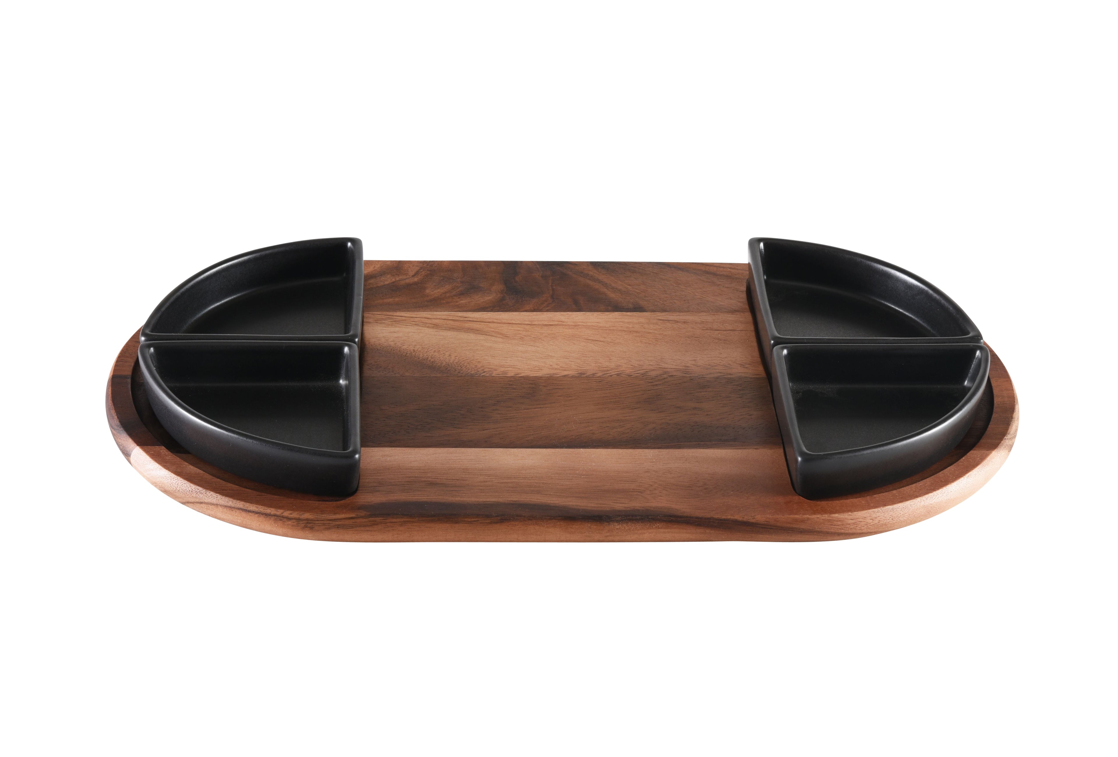 Acacia charcuterie serving tray with black triangular ceramic dishes.