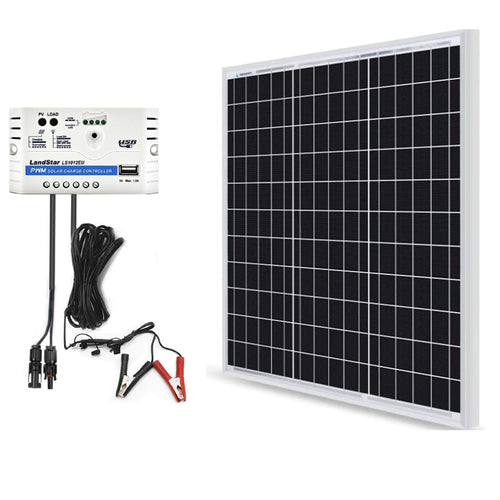 ACOPOWER 50W 12V solar charger kit with 10A charge controller and alligator clips.