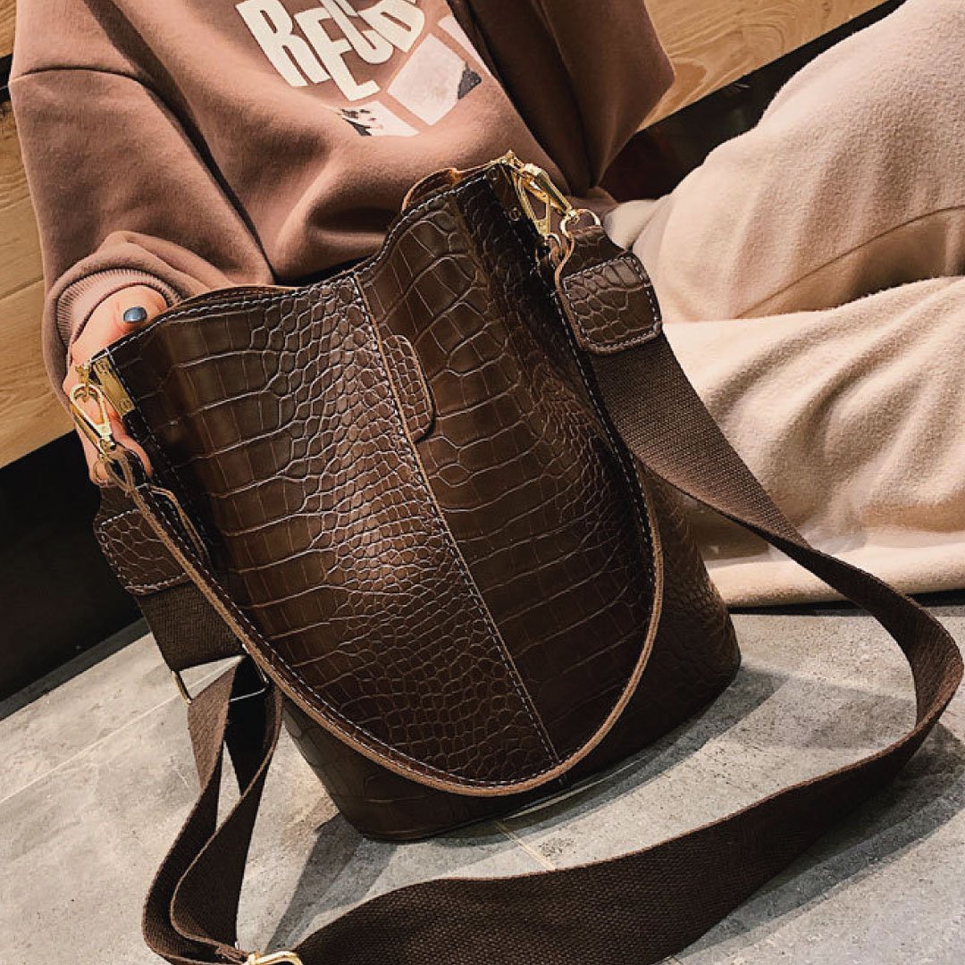 Blake Chocolate Croc Vegan Leather Shoulder Bag With Interchangeable Straps by STATESIDE NOVA
