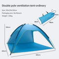 Quick-open blue beach tent, pop-up sun shelter, 210x210x130 cm, 3-vented, spacious design
