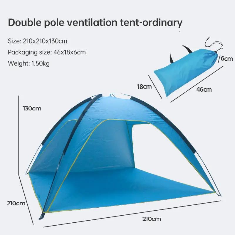 Quick-open blue beach tent, pop-up sun shelter, 210x210x130 cm, 3-vented, spacious design
